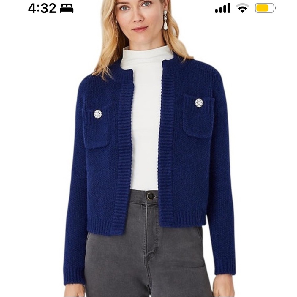 Ann Taylor New Blue Knit Sweater Jacket with Jeweled Button Pockets - Picture 2 of 7